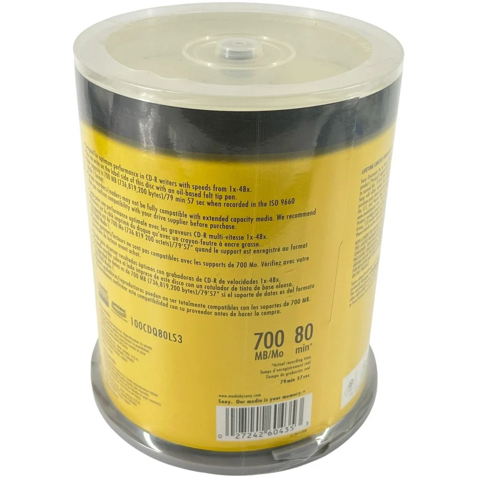 Sony CD-R 700MB 80 Min 48x Recordable Discs 100 Pack Spindle 100CDQ80LS3 Sealed